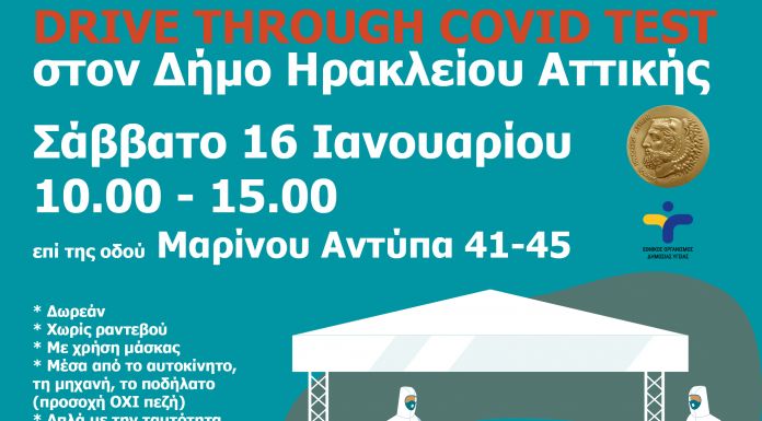 Drive through covid tests στον Δήμο Ηρακλείου Αττικής – Σάββατο 16/1 10.00 – 15.00