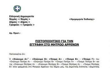 Μητρώο Αρρένων Δήμου Διονύσου: Πρόσκληση σε γονείς γεννηθέντων το 2020