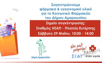 Συγκέντρωση φαρμάκων & υγειονομικού υλικού για το Κοινωνικό Φαρμακείο του Δήμου Αμαρουσίου το Σάββατο 29 Μαΐου 2021, 10:00 – 14:00