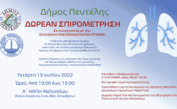 Δωρεάν προληπτική σπιρομέτρηση και ενημέρωση για τη χρόνια αποφρακτική πνευμονοπάθεια των καπνιστών σε συνεργασία με την Ελληνική Πνευμονολογική Εταιρεία στο πλαίσιο του προγράμματος προληπτικής ιατρικής του Δήμου Πεντέλης
